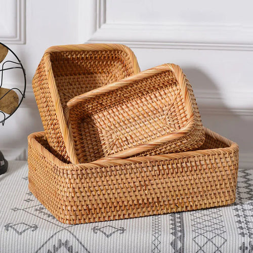 Handwoven rectangular rattan storage baskets for organising and decoration - vue 5 sur 8