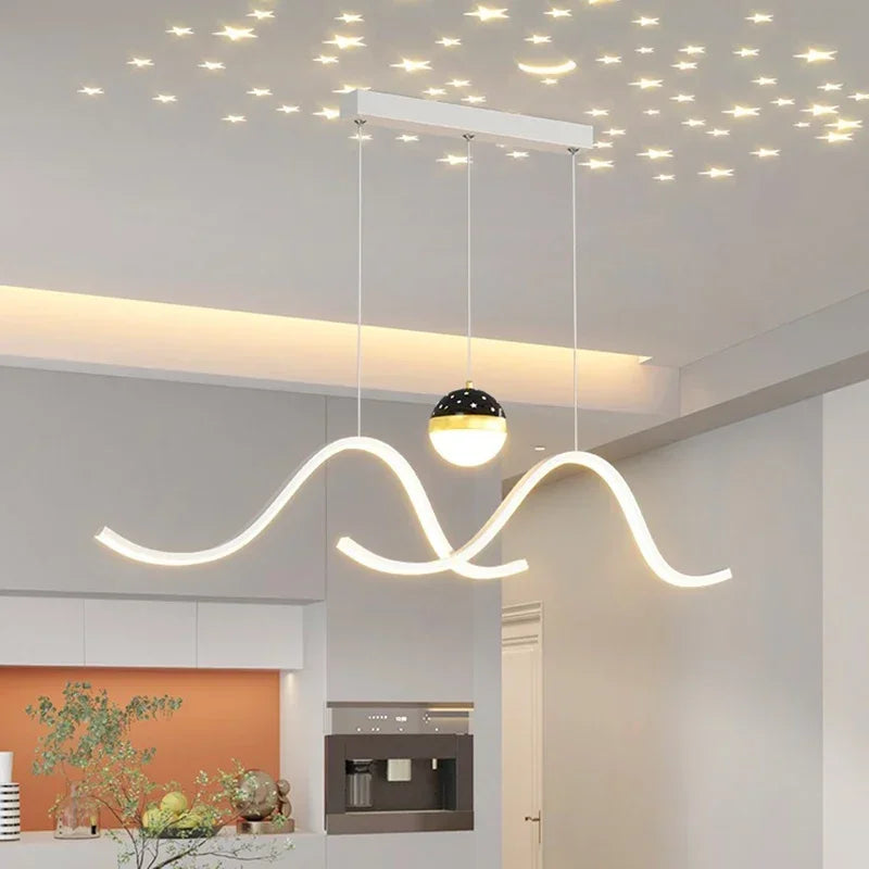 Nordic minimalist creative personalised LED strip dining table bar wave chandelier starry sky restaurant pendant light - vue 3 sur 10