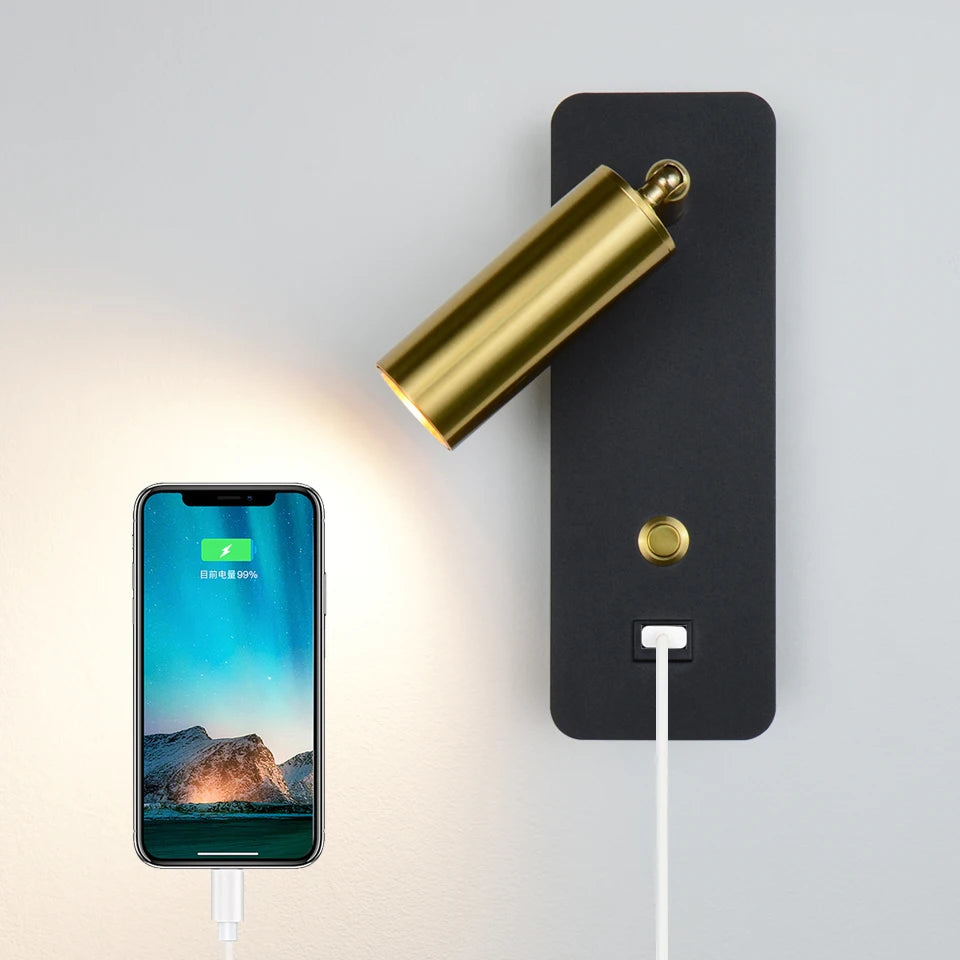 Indoor LED wall lamp 7W with USB charging modern Nordic wall sconce for bedroom, living room, hallway