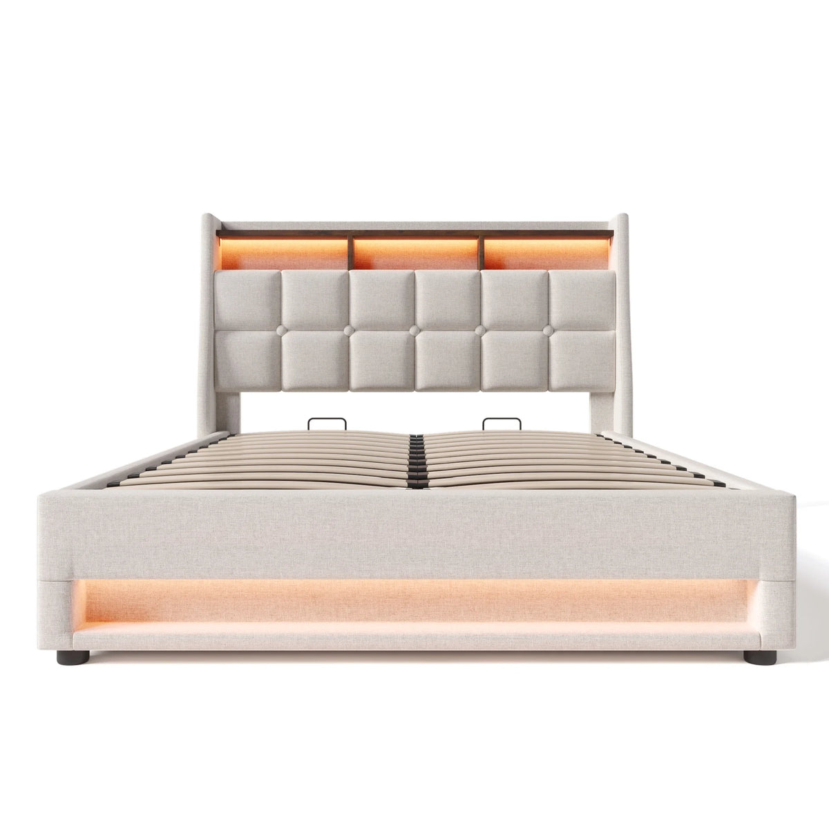 VSOGA Upholstered Bed with USB, 90/140/160/180 x 200 cm, LED Double Bed, Metal Slatted Frame, Linen (Mattress Not Included)