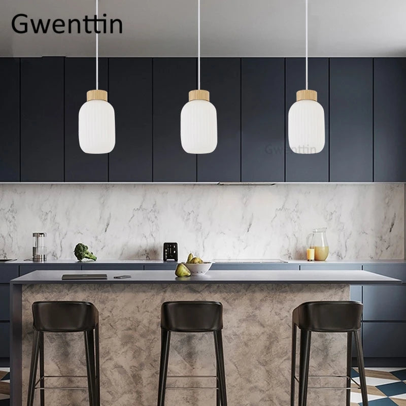 Modern nordic wood and glass pendant light indoor decorative - vue 3 sur 9