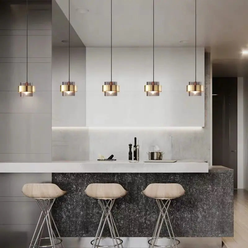 Modern glass pendant light for restaurant, café, bar, gold wrought iron and glass shade - vue 6 sur 8