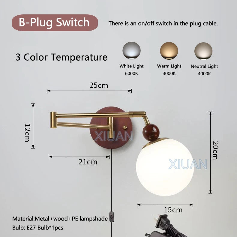 European vintage wall light with switch and long adjustable arm