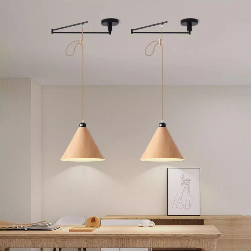 Modern walnut wood retractable swivel arm chandelier - vue 5 sur 16