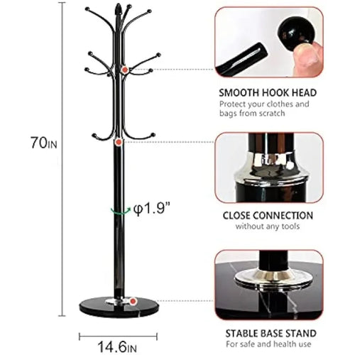 Metal Coat Rack Stand with Natural Marble Base, Free Standing Hall Tree with 12 Hooks for Hanging Scarf, Bag, Jacket - vue 7 sur 8