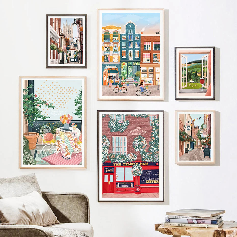 Watercolour coastal city wall art modern décor - vue 3 sur 7
