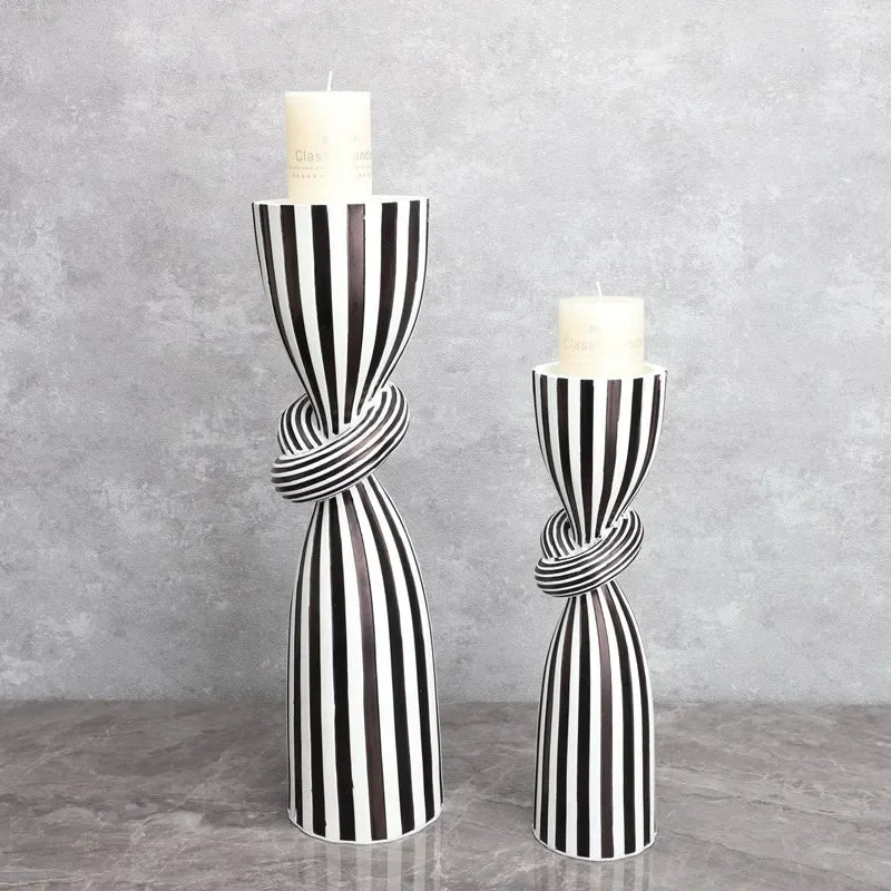 Black and White Striped Twisted Rope Knot Single Candle Holder, Resin, Dining Table Wedding Center Decoration, Modern Decoration