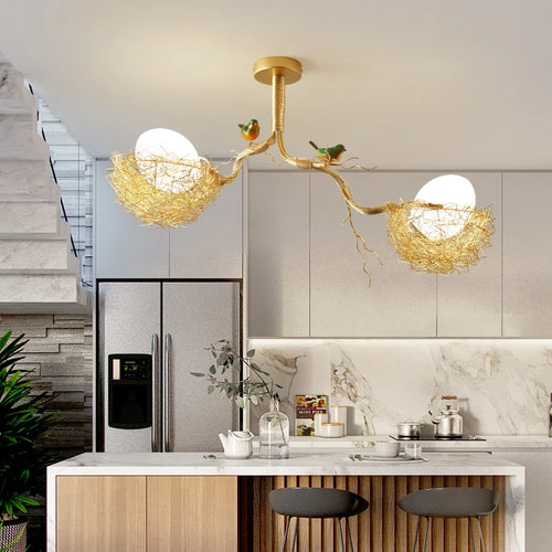 Modern LED chandelier with bird's nest design and glass ball - vue 3 sur 14