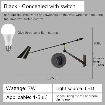 Creative long arm wall light with switch
