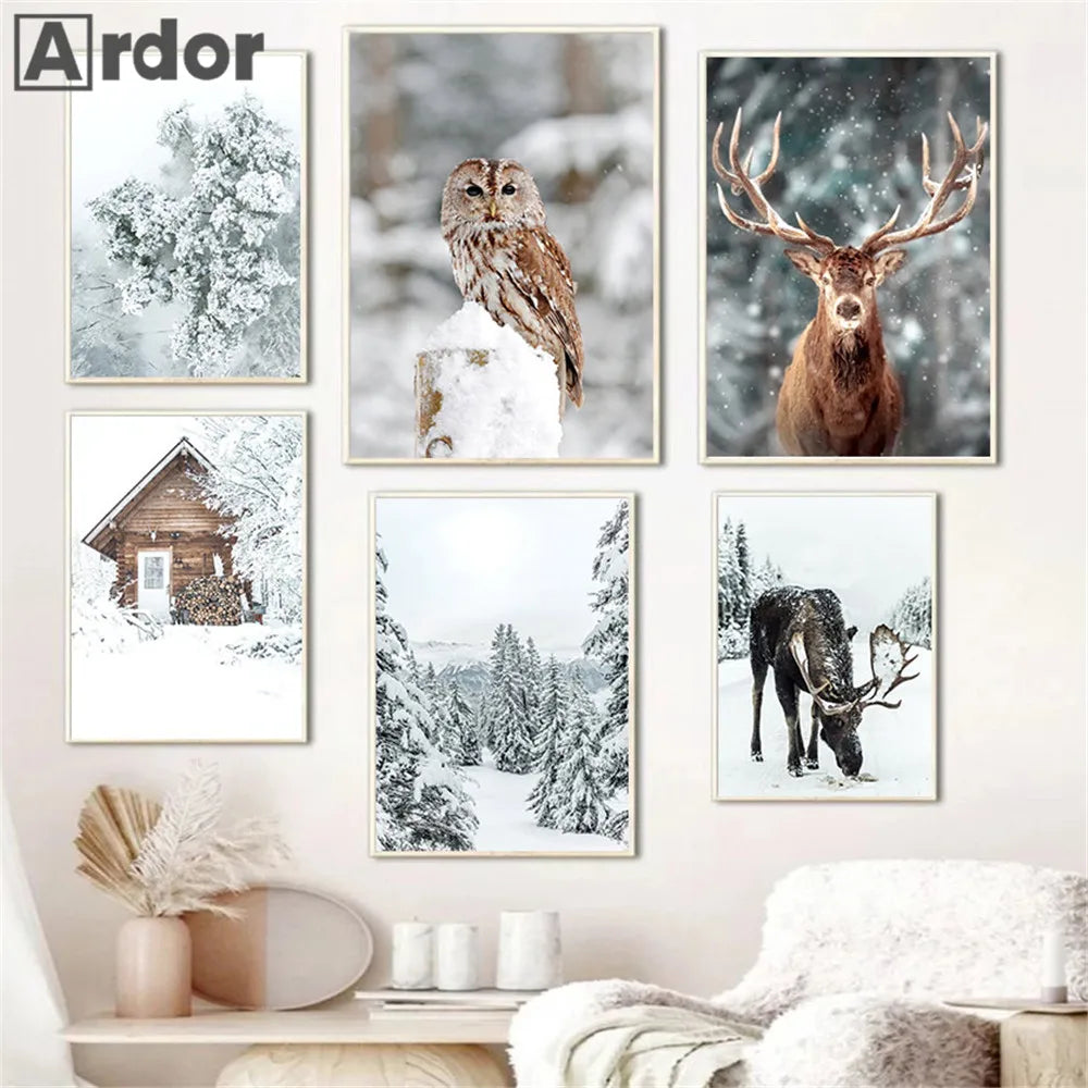Winter forest wall art with fox, owl and deer - vue 5 sur 7