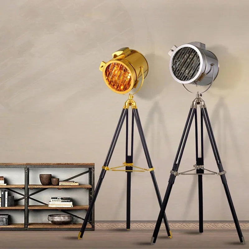 Industrial wooden tripod floor lamp for modern interiors