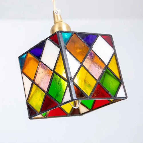 Tiffany style cube stained glass ceiling light indoor decor - vue 4 sur 9