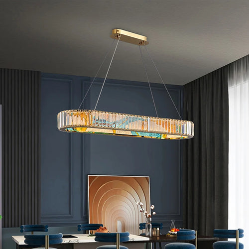 Modern dimmable LED chandelier with decorative steel ring - vue 4 sur 14