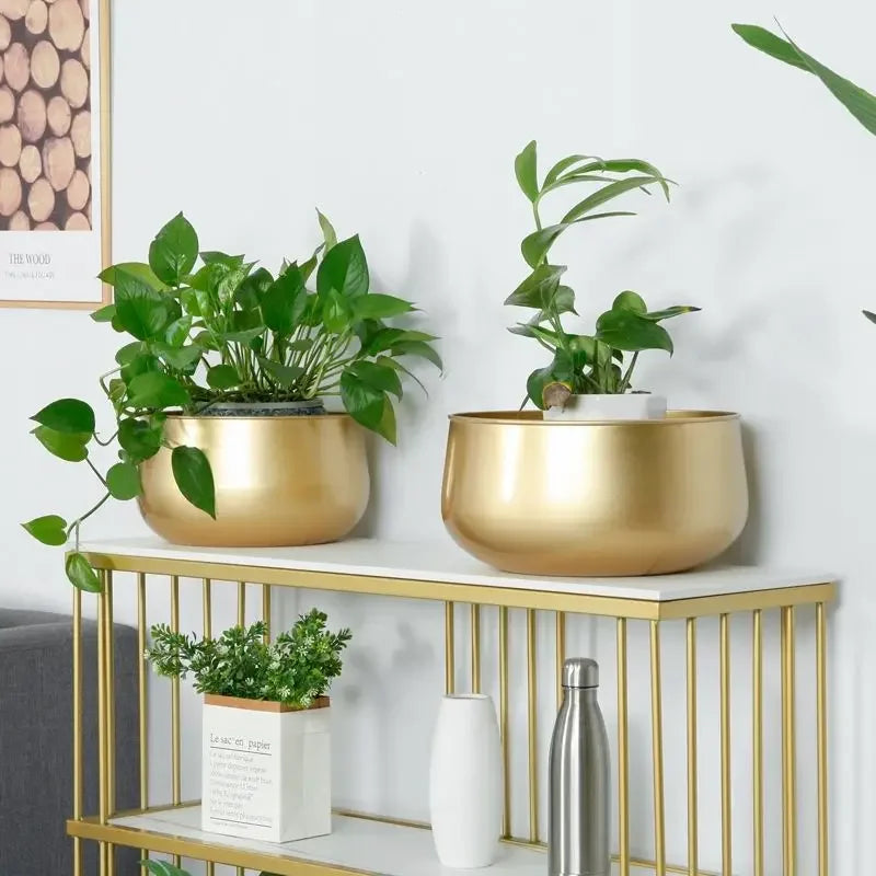 round gold metal flower pot for plants and decorations