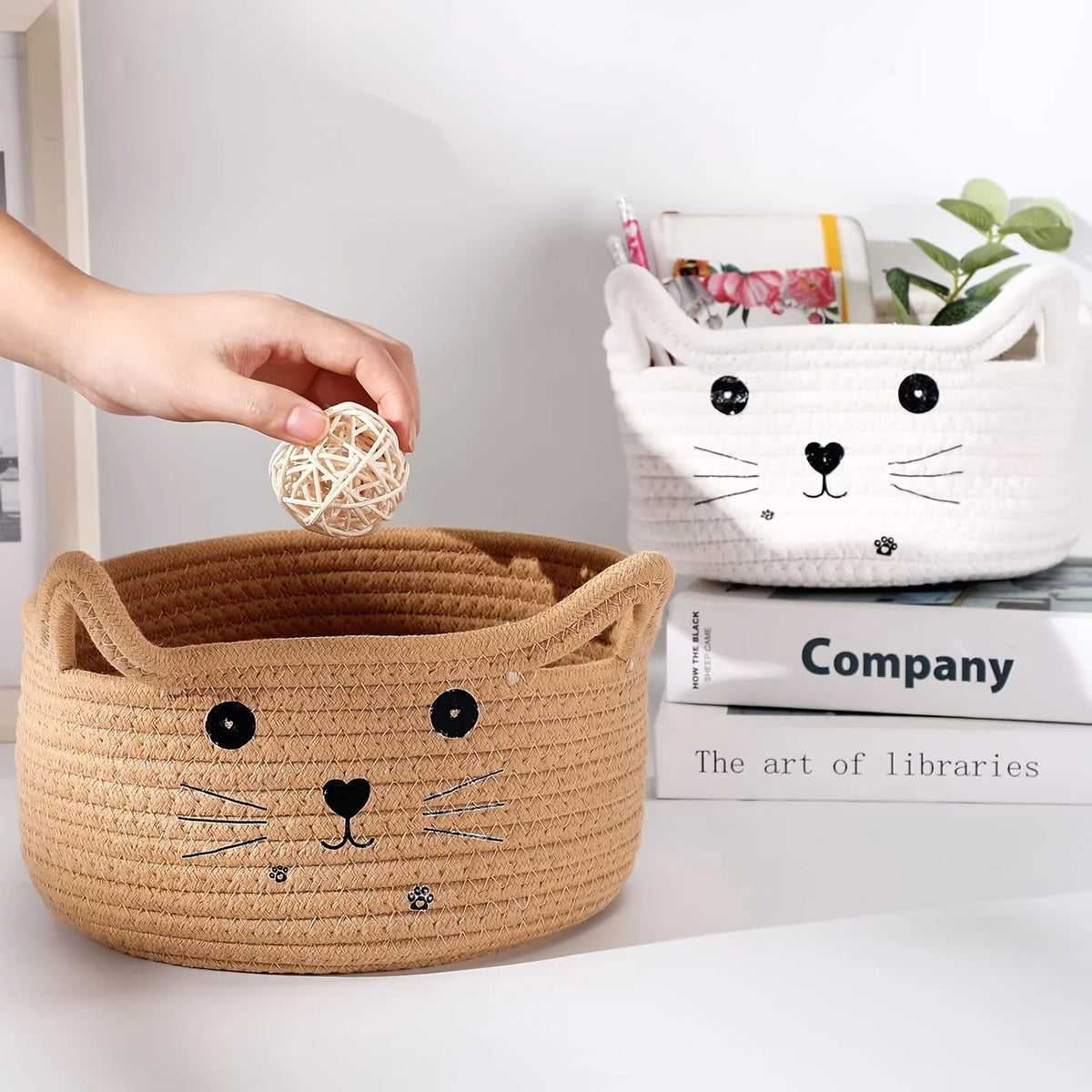 adorable cat face woven cotton storage basket - vue 4 sur 11