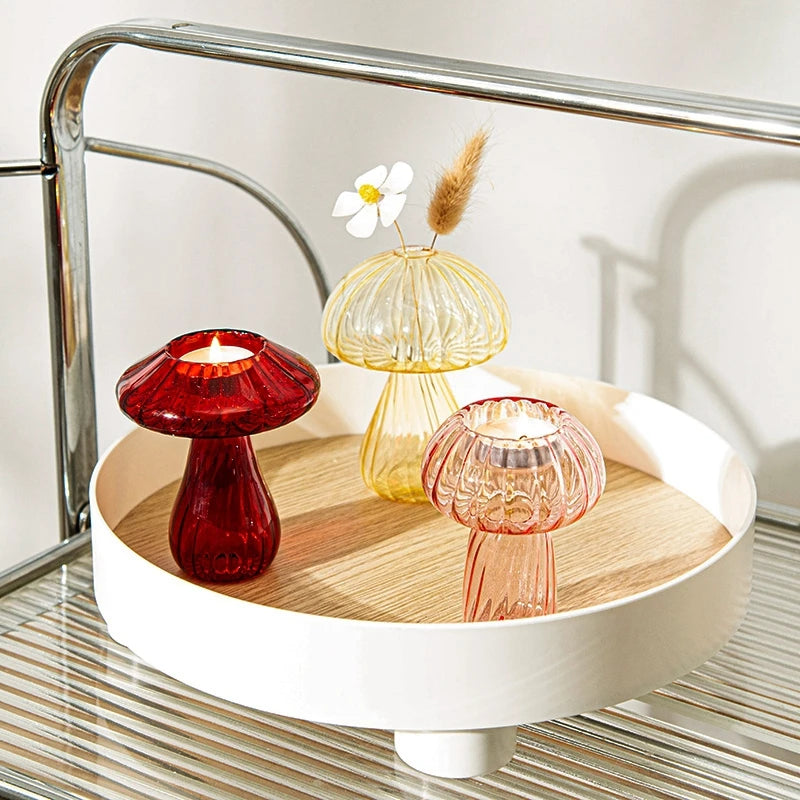 Glass mushroom candlestick for table decoration and vase - vue 4 sur 14