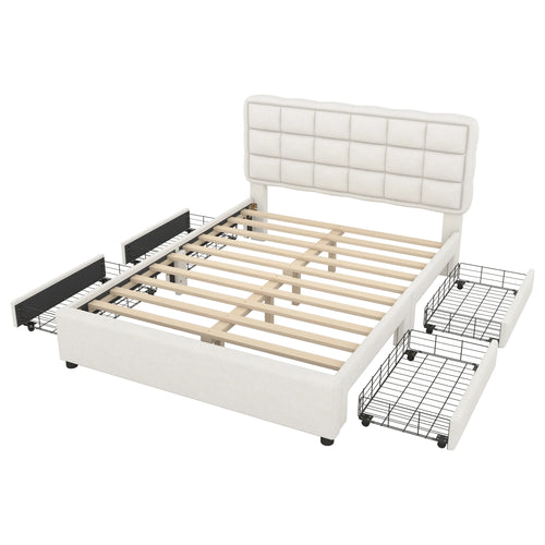 Upholstery bed, 140x200cm, bed with slatted frame (without mattress), bed with four drawers, minimalist style, linen, beige - vue 2 sur 6