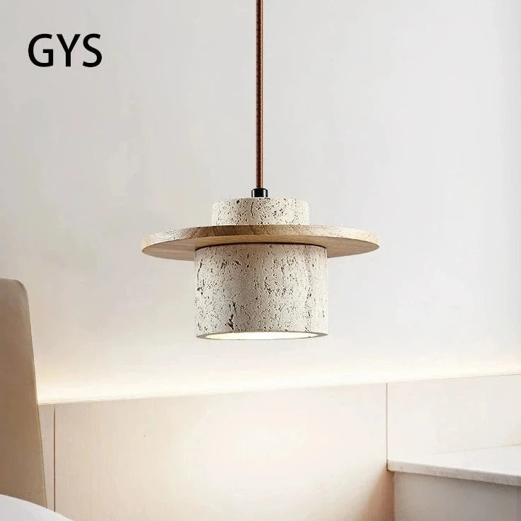 Japanese style vintage LED pendant light in stone and wood