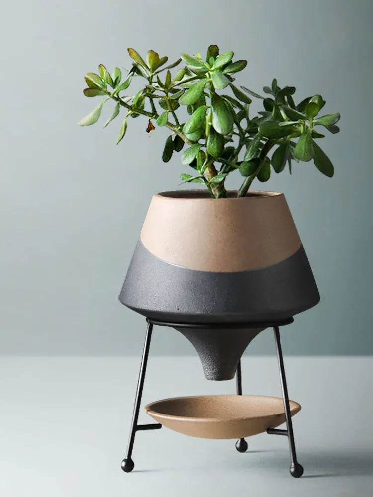 ceramic flower pot with modern metal stand - vue 3 sur 12