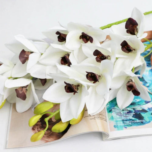 Realistic cymbidium artificial flowers from New Zealand, lifelike orchid decoration - vue 7 sur 10