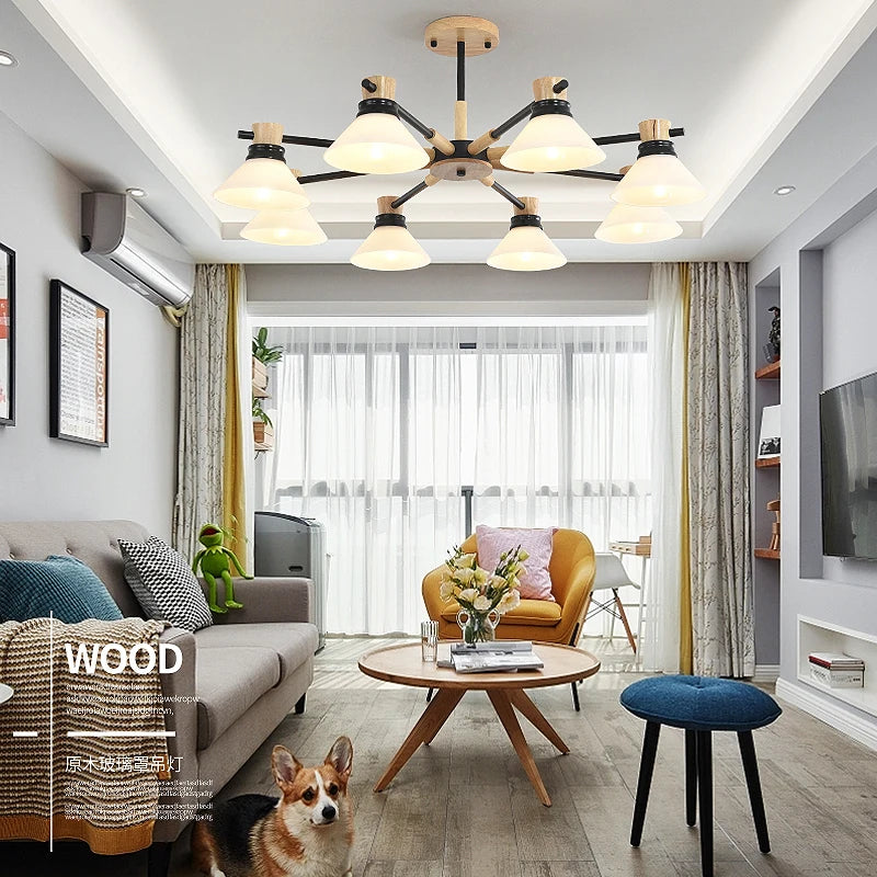 Modern round wood glass chandelier nordic hotel decor