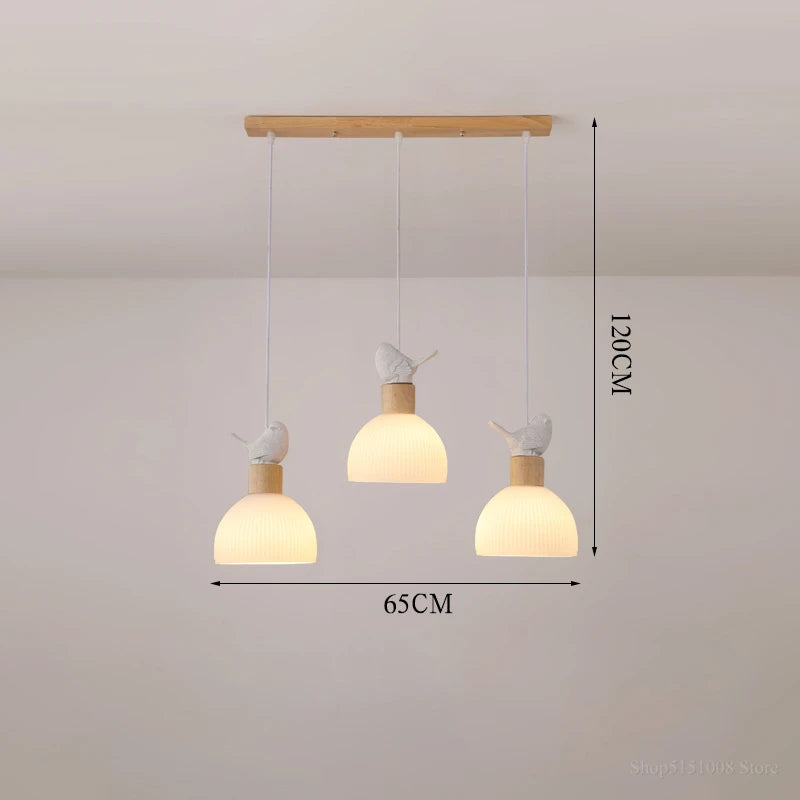 Wood LED chandelier with white glass shade