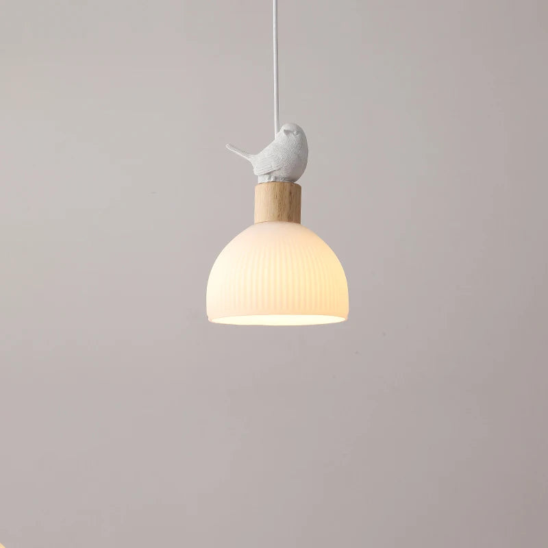 Wood LED chandelier with white glass shade - vue 5 sur 8