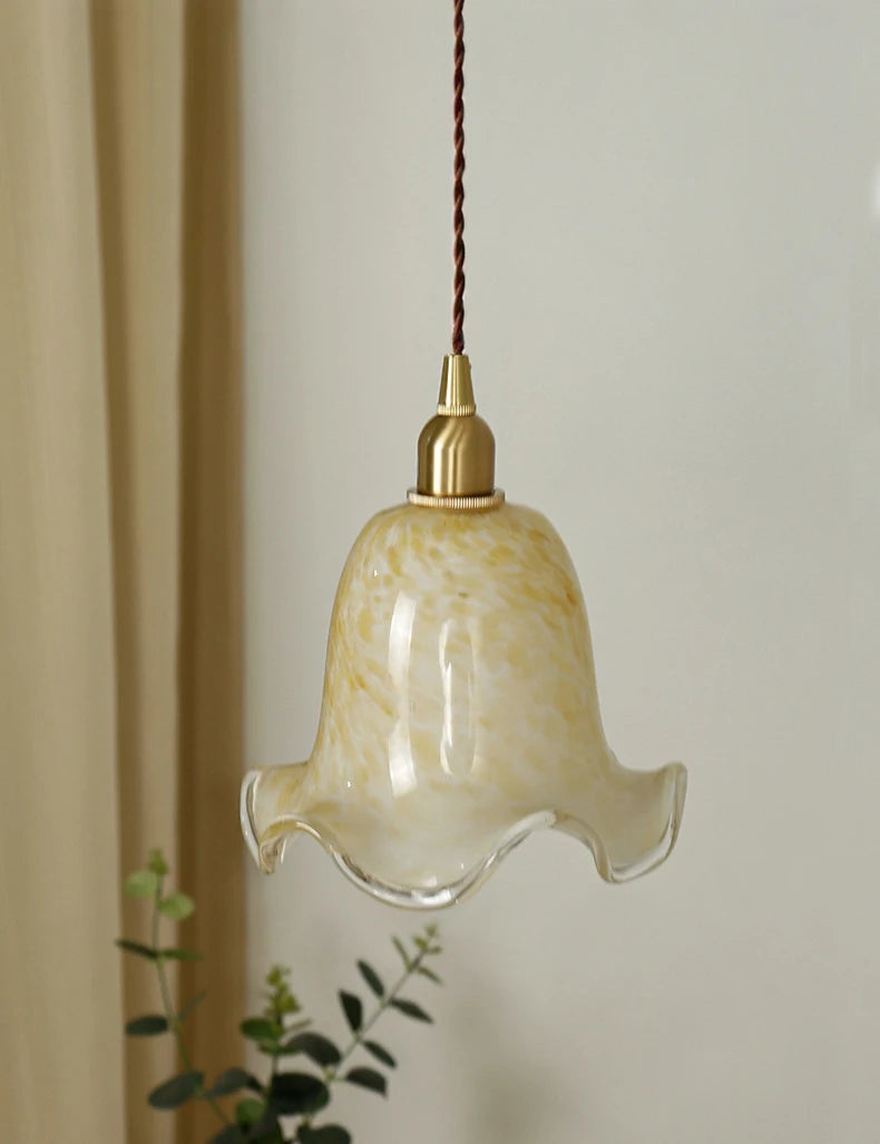 Retro LED pendant light with brass and glass floral design, minimalist and creative