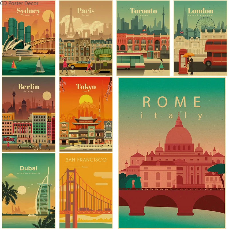 Vintage world cities poster for wall decoration
