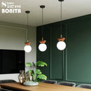 Round glass and Japanese walnut wood pendant light