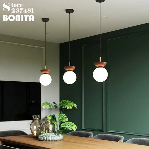 Round glass and Japanese walnut wood pendant light - vue 6 sur 10