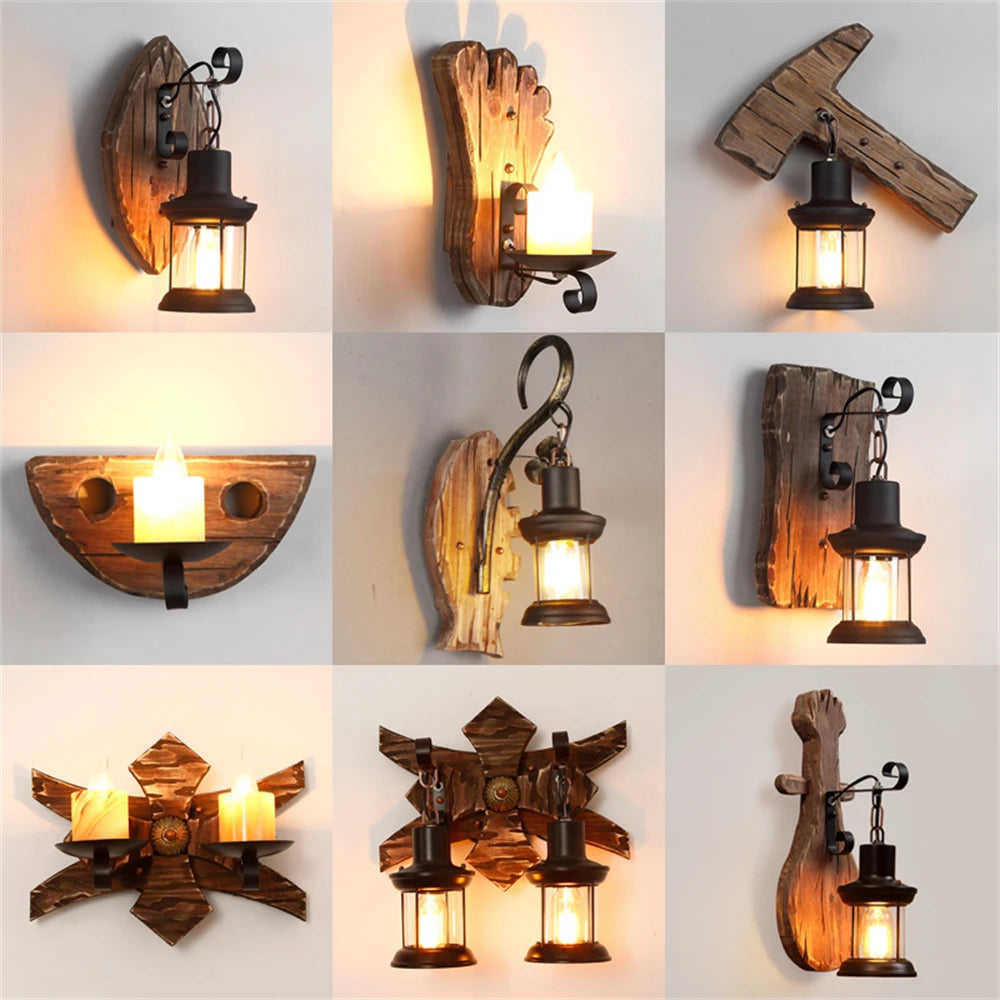 Industrial wood wall lamp vintage loft style - vue 6 sur 19
