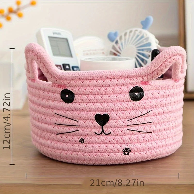 adorable cat face woven cotton storage basket - vue 6 sur 11