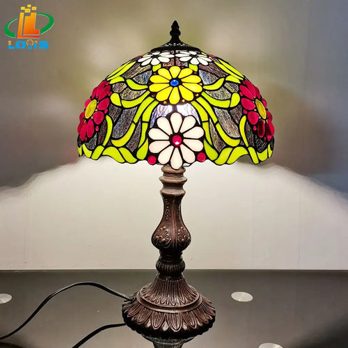 Tiffany style retro glass vintage bedside lamp - vue 2 sur 7