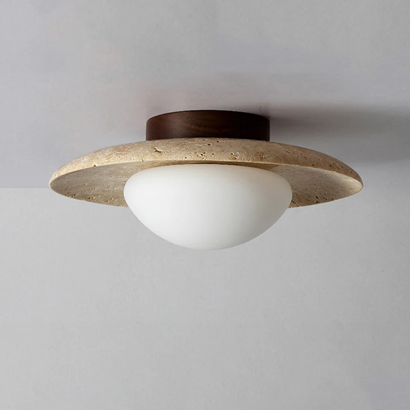 Wabi sabi travertine disc ceiling light for indoor and outdoor use - vue 3 sur 6