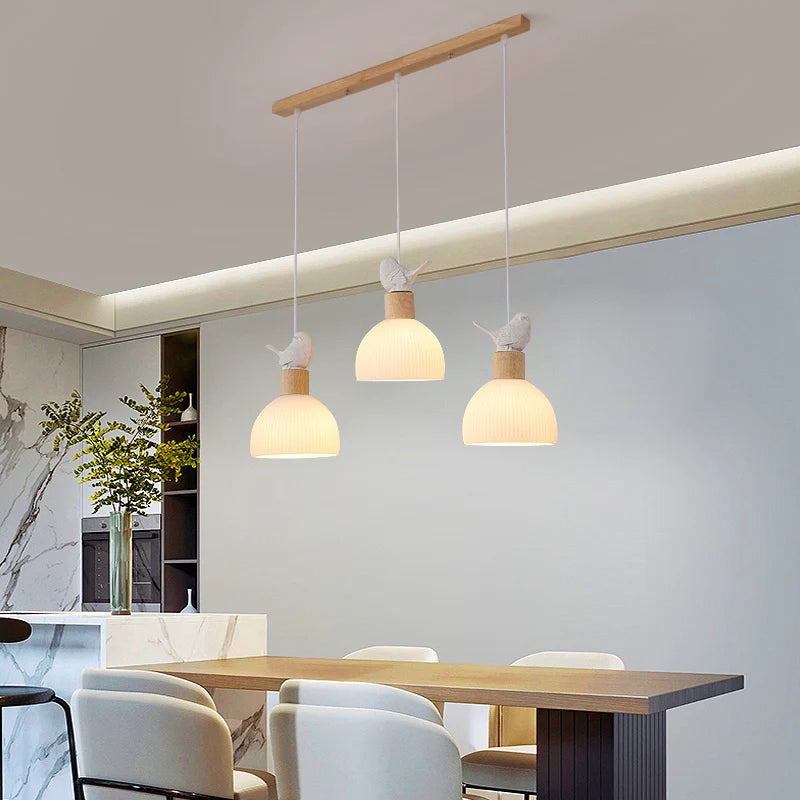 Wood LED chandelier with white glass shade - vue 2 sur 8