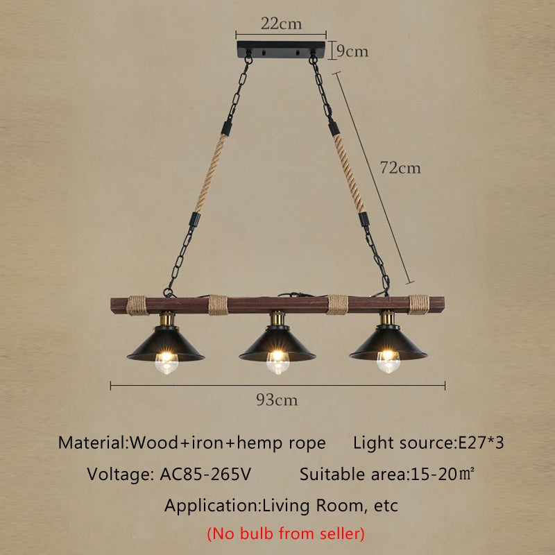 Vintage industrial chandelier in solid wood with hemp rope