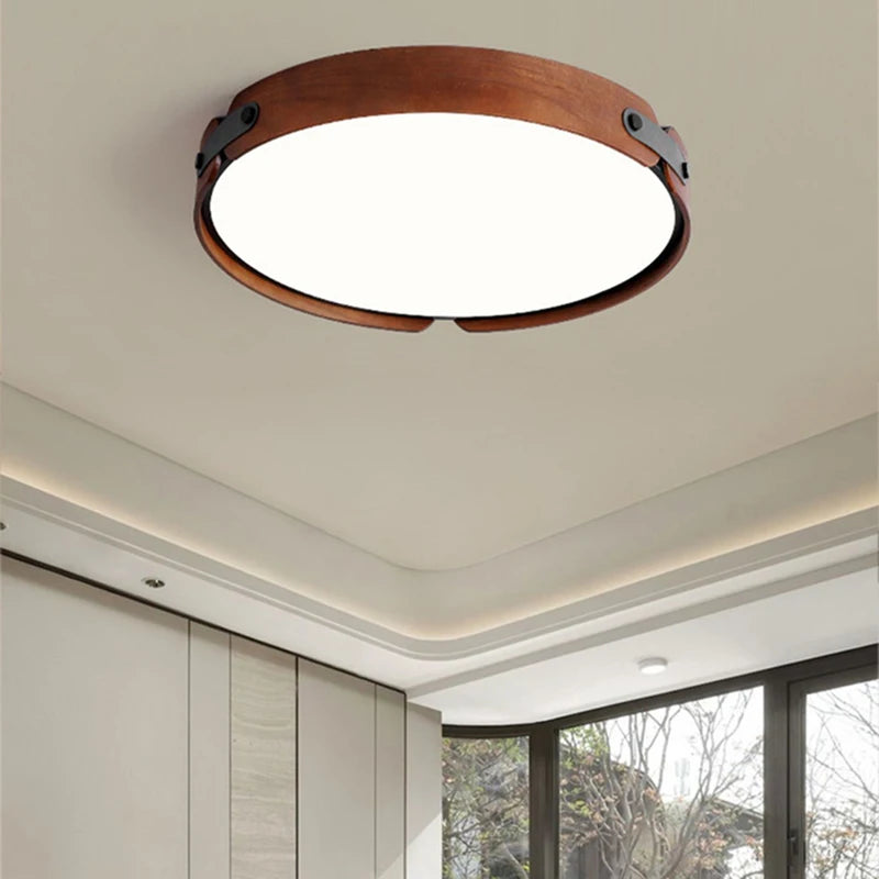 Wooden ceiling light with artificial leather and 3 interchangeable rings creative