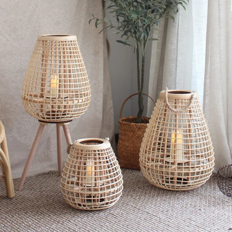 Rattan floor lamp with candlestick and decorative electronic candle