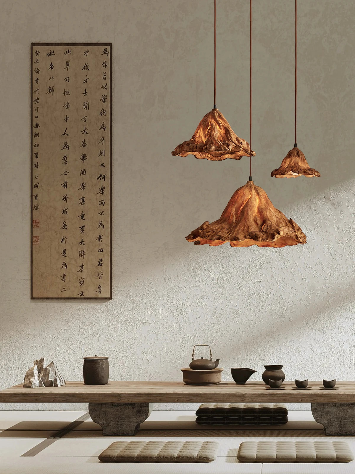 Wabi-sabi style lotus resin pendant light, zen vintage for interiors