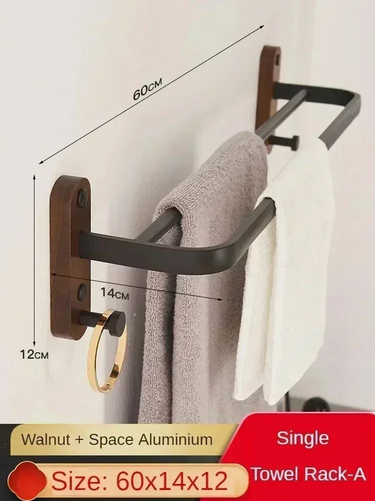 Wood and aluminium wall-mounted towel rack and shower accessories organiser - vue 7 sur 16