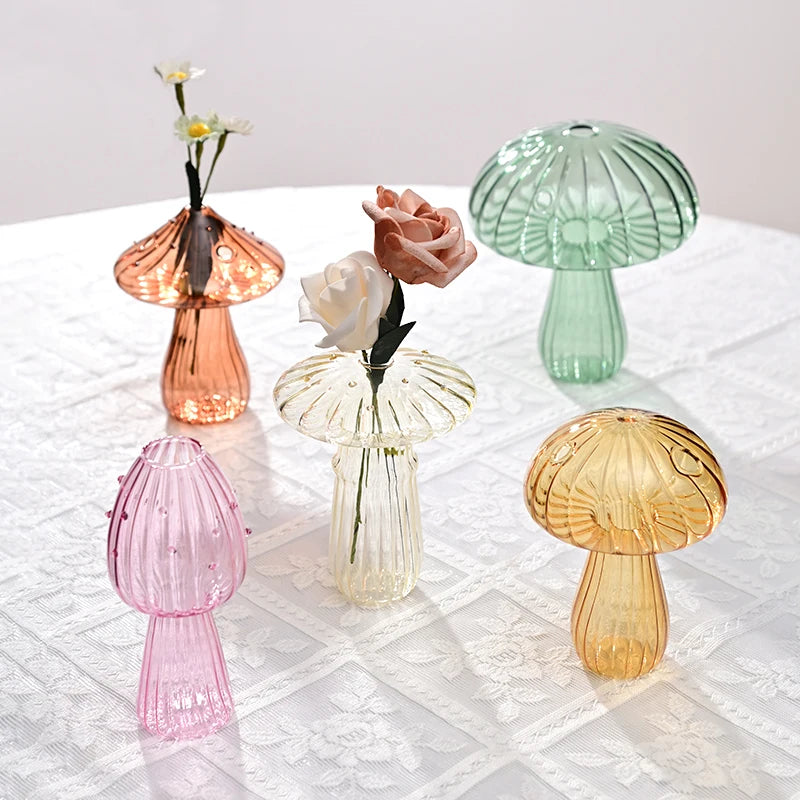 Glass mushroom candlestick for table decoration and vase