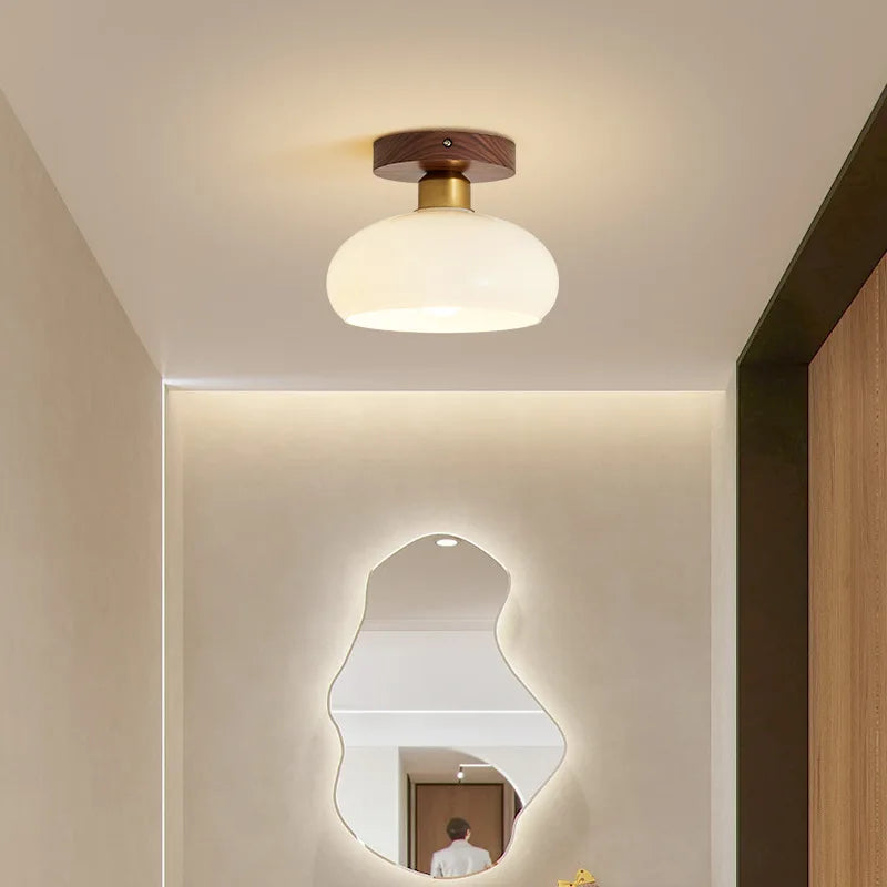 Simple vintage glass and walnut ceiling light for home lighting