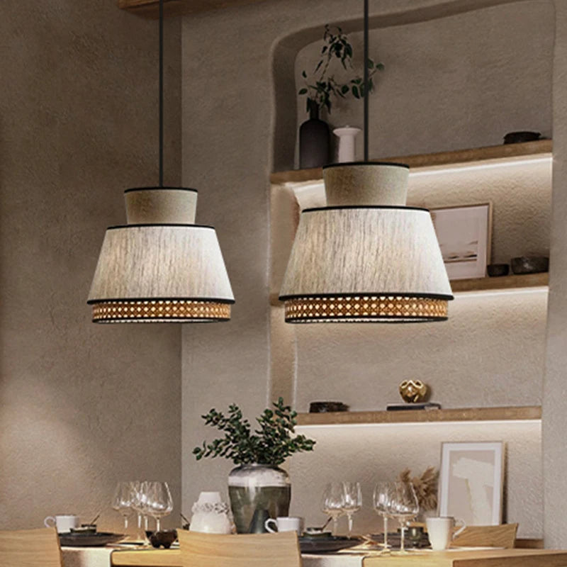 Vintage Japanese pendant light in fabric and rattan