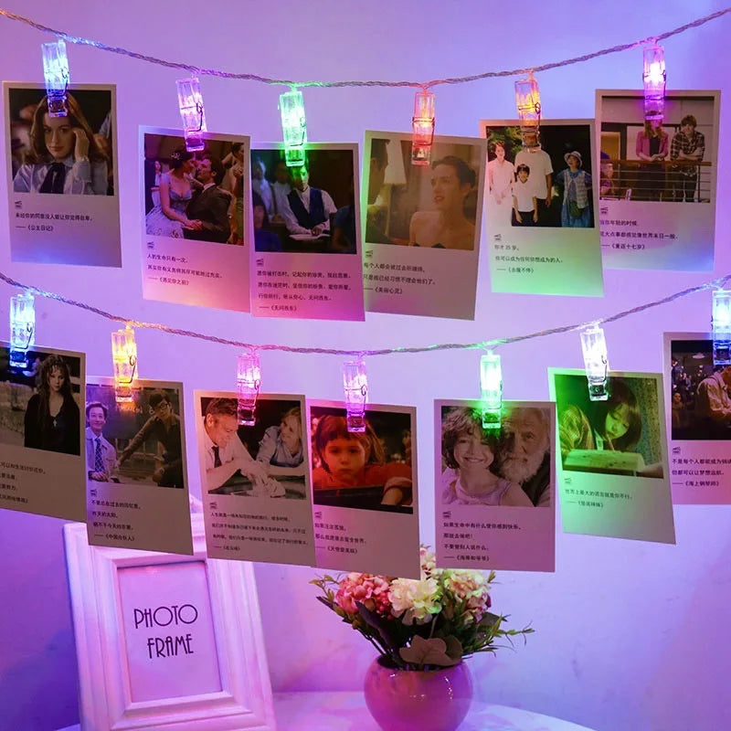 LED string lights with photo holders for festive decoration