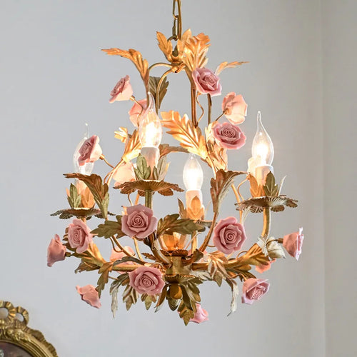 Floral ceramic and copper LED chandelier for decorative interiors - vue 5 sur 11