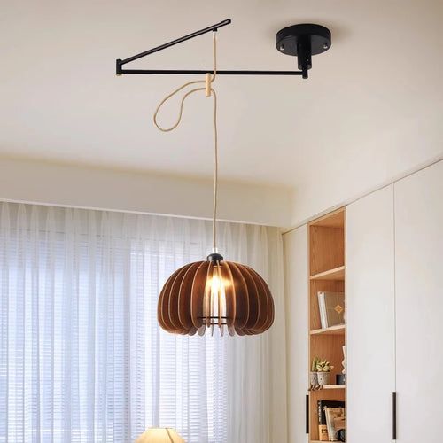 Modern walnut wood retractable swivel arm chandelier - vue 5 sur 16