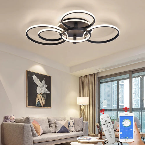 Modern led chandelier with rings, remote/app control, 1–5 rings, black or white - vue 2 sur 16