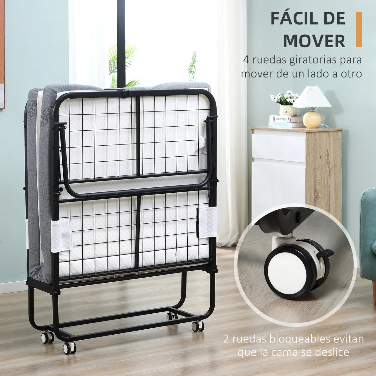 HOMCOM folding bed 200x80x42,5 cm with single mattress wheels living room office - vue 5 sur 6