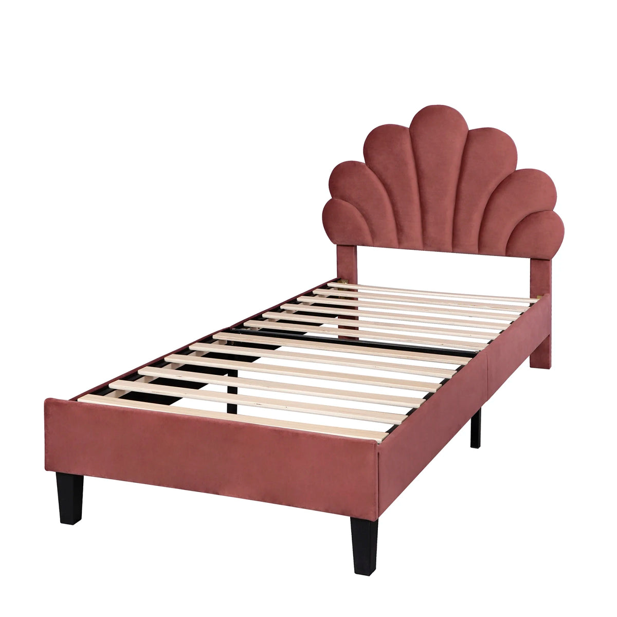 Youth Bed, Upholstered Bed, Skin-friendly Velvet Fabric, With Solid Flower-shaped Headboard and Slatted Frame, 90 x 200 cm - vue 7 sur 8